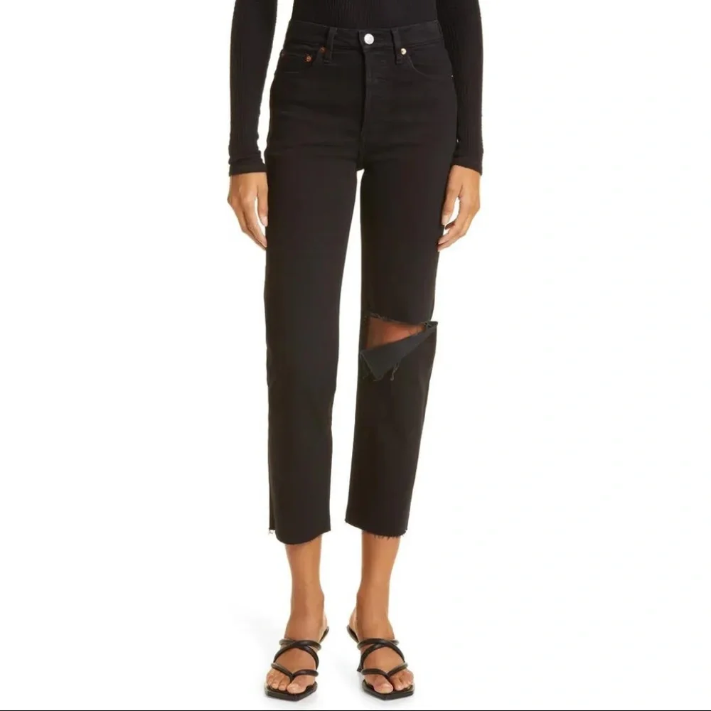 Re/Done 70s Stove Pipe Jeans High Waist Raw Hem Washed Black - Picture 3 of 6